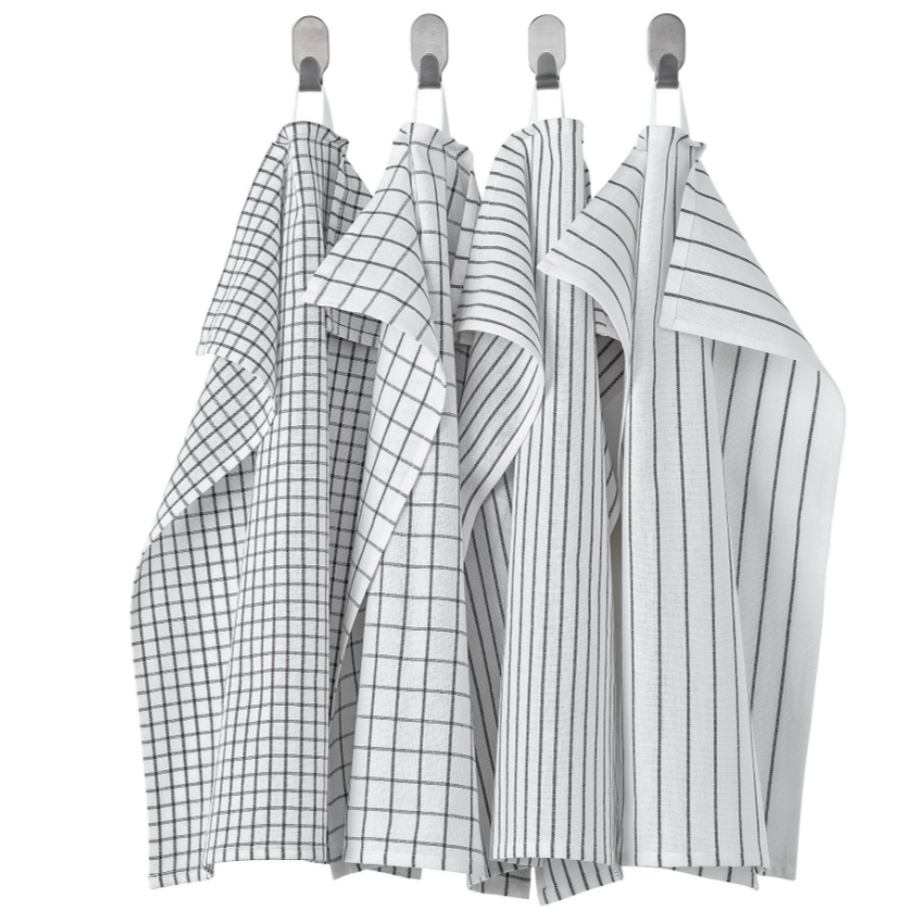 RINNIG Tea towel, set of 4 white/dark grey/patterned, 45x60 cm