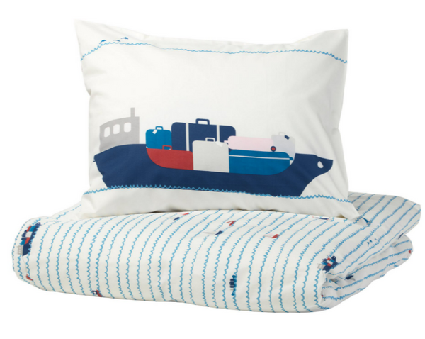 UPPTÅG Duvet cover &  pillowcases, waves/boat patterns/blue, 150x200/50x60 cm
